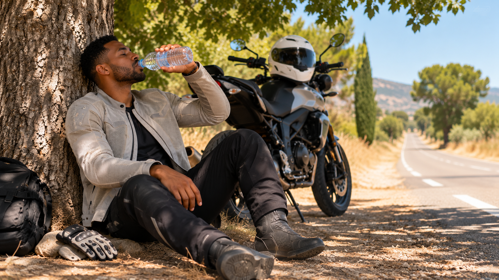 Homme quoi boit à l'ombre d'un arbre à cause de la canicule moto